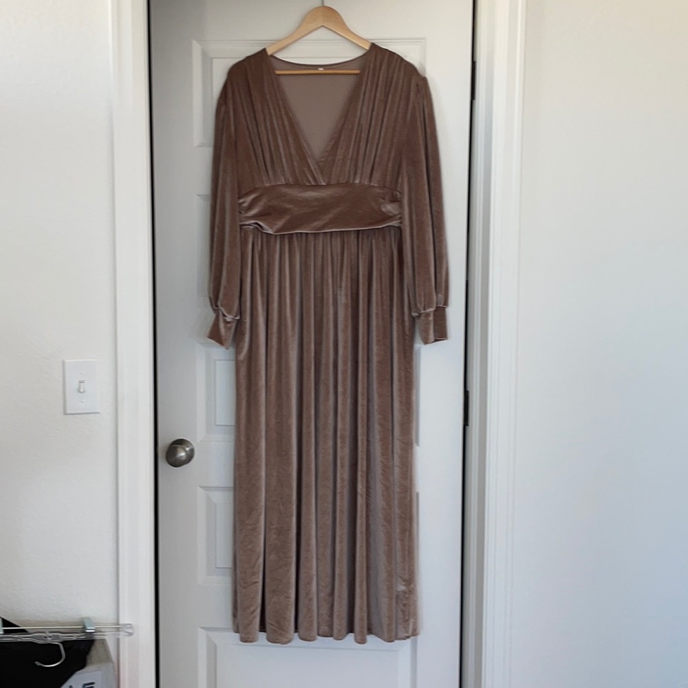 Champagne Suede Plus Wrap Thigh-Slit Gown